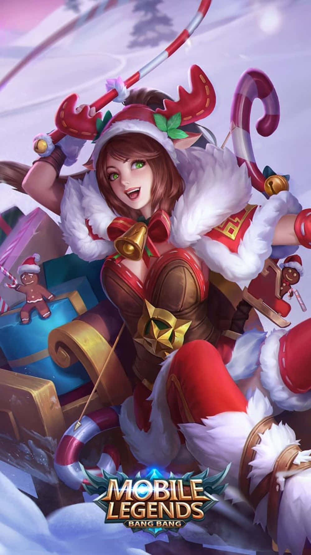 Mobile Legends 動態圖 桌布 壁紙 — 一個節日氣氛的動漫戰士，穿著聖誕老人主題服裝，頭戴馴鹿角，手持拐杖糖武器，乘著雪橇在雪空中飛馳。