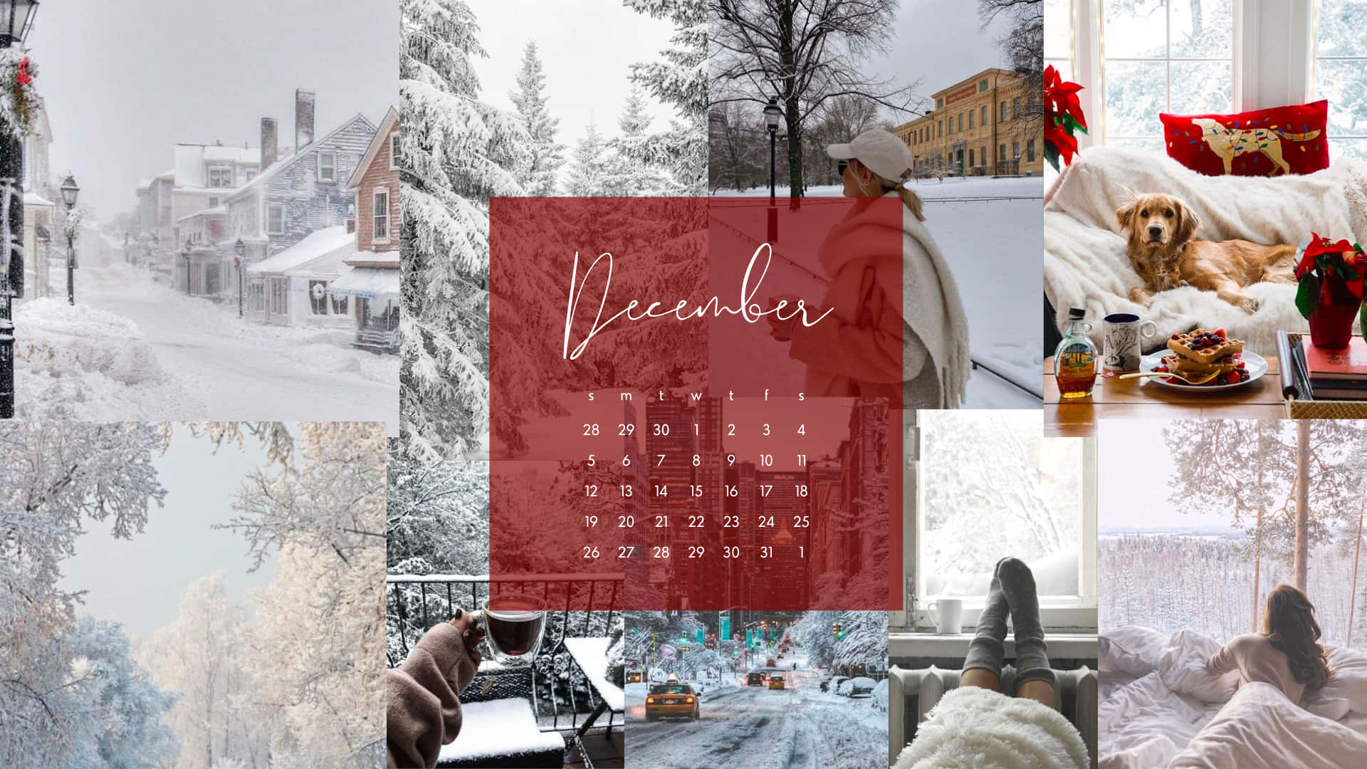 Christmas Mac Aesthetic 桌布 壁紙 — 一個節日氣氛的十二月拼貼畫，展示雪景街道、舒適的室內場景和以冬季假期為中心的日曆。