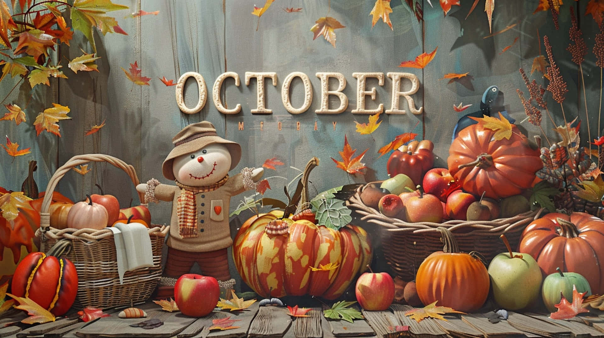 October Desktop 桌布 壁紙 — 一個節日氣氛的秋季場景，有南瓜、蘋果和稻草人，周圍是飄落的樹葉，下方是一個寫著「十月」的鄉村風格木牌。