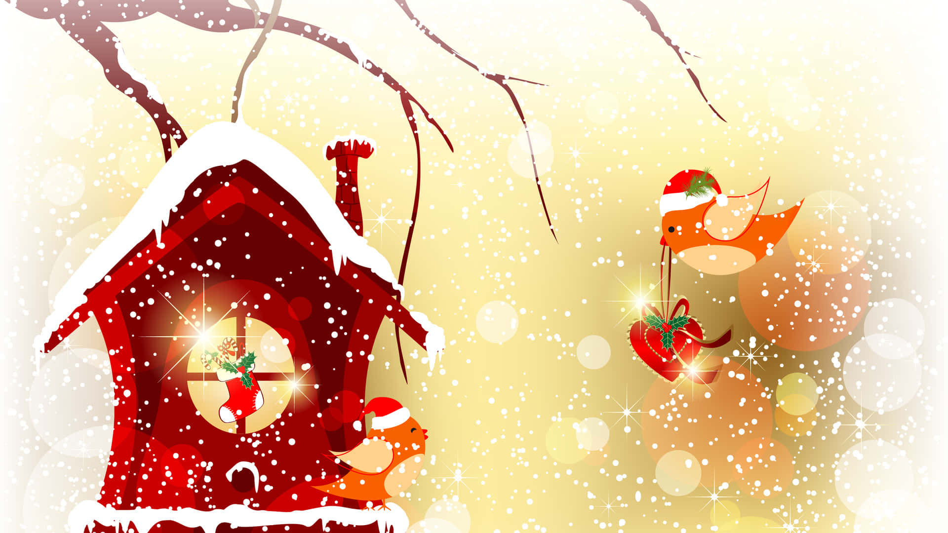 可愛聖誕節 桌布 壁紙 — 一個節日氣氛的紅色鳥屋，覆蓋著白雪，窗戶發光，快樂的鳥兒戴著聖誕帽，背景是閃爍的金色冬日。