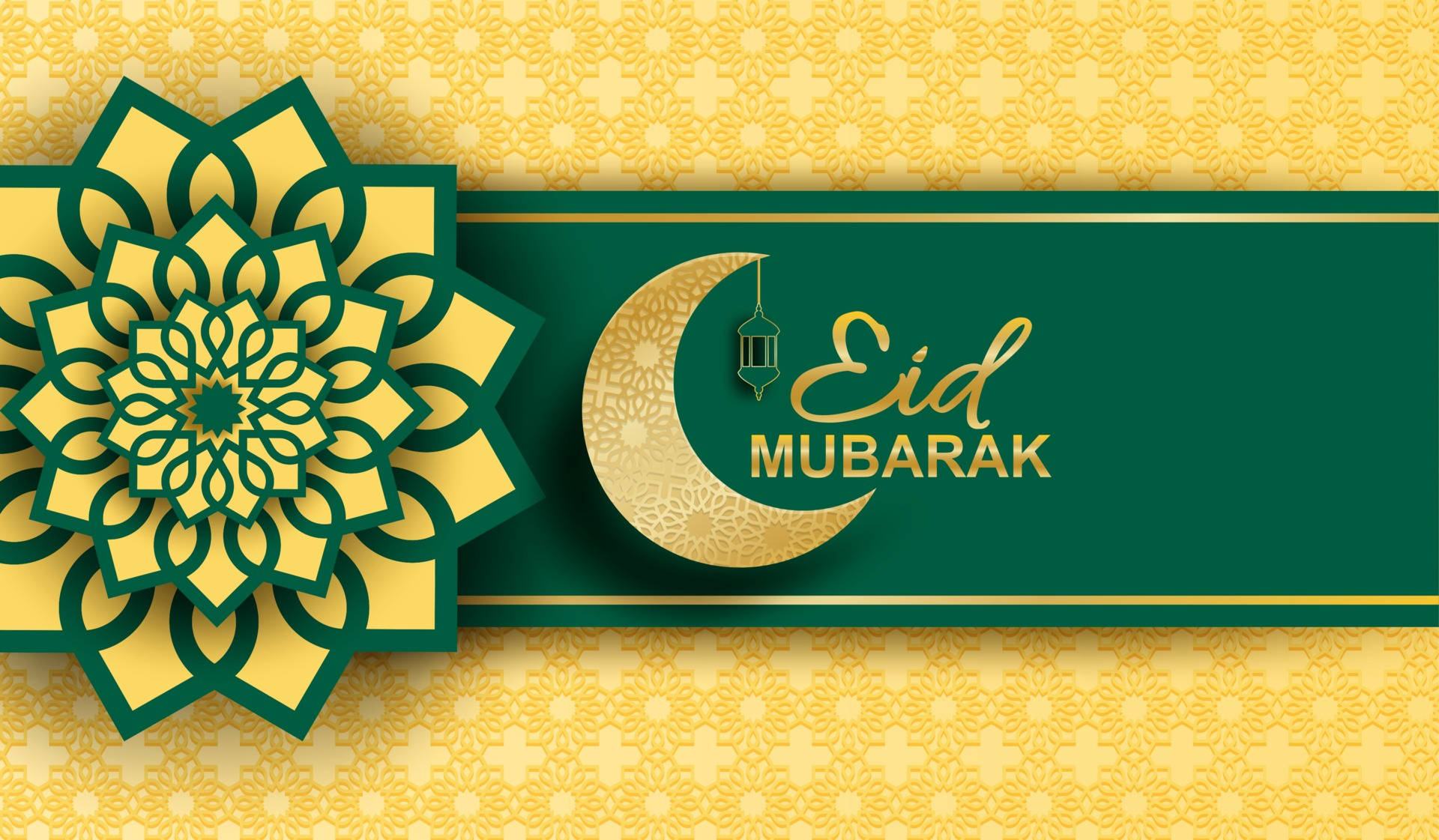 Eid Mubarak 桌布 壁紙 — 一個節日氣氛的綠色和金色開齋節橫幅，帶有複雜的曼陀羅圖案和新月設計。