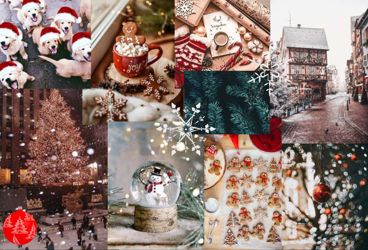 Christmas Mac Aesthetic 桌布 壁紙 — 一個節日氣氛的聖誕場景拼貼，包括雪花、薑餅餅乾、雪球和冬日天空下裝飾的街道。