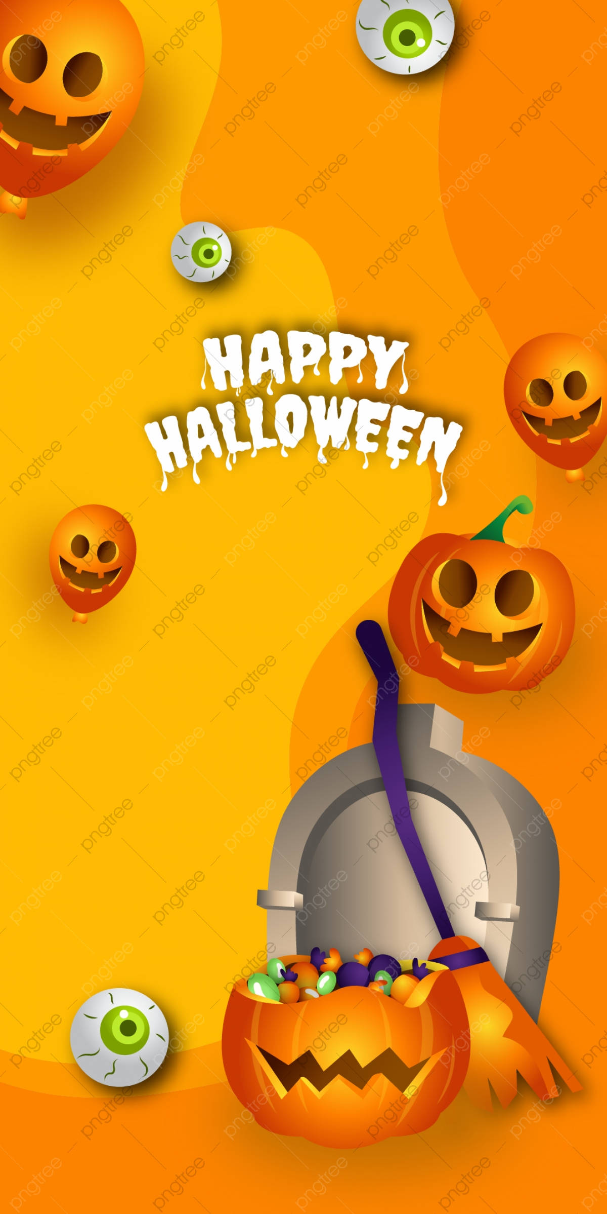 Halloween Phone 桌布 壁紙 — 一個節日氣氛的萬聖節桌布，微笑的南瓜燈籠漂浮在一個裝滿糖果的南瓜桶和掃帚周圍。