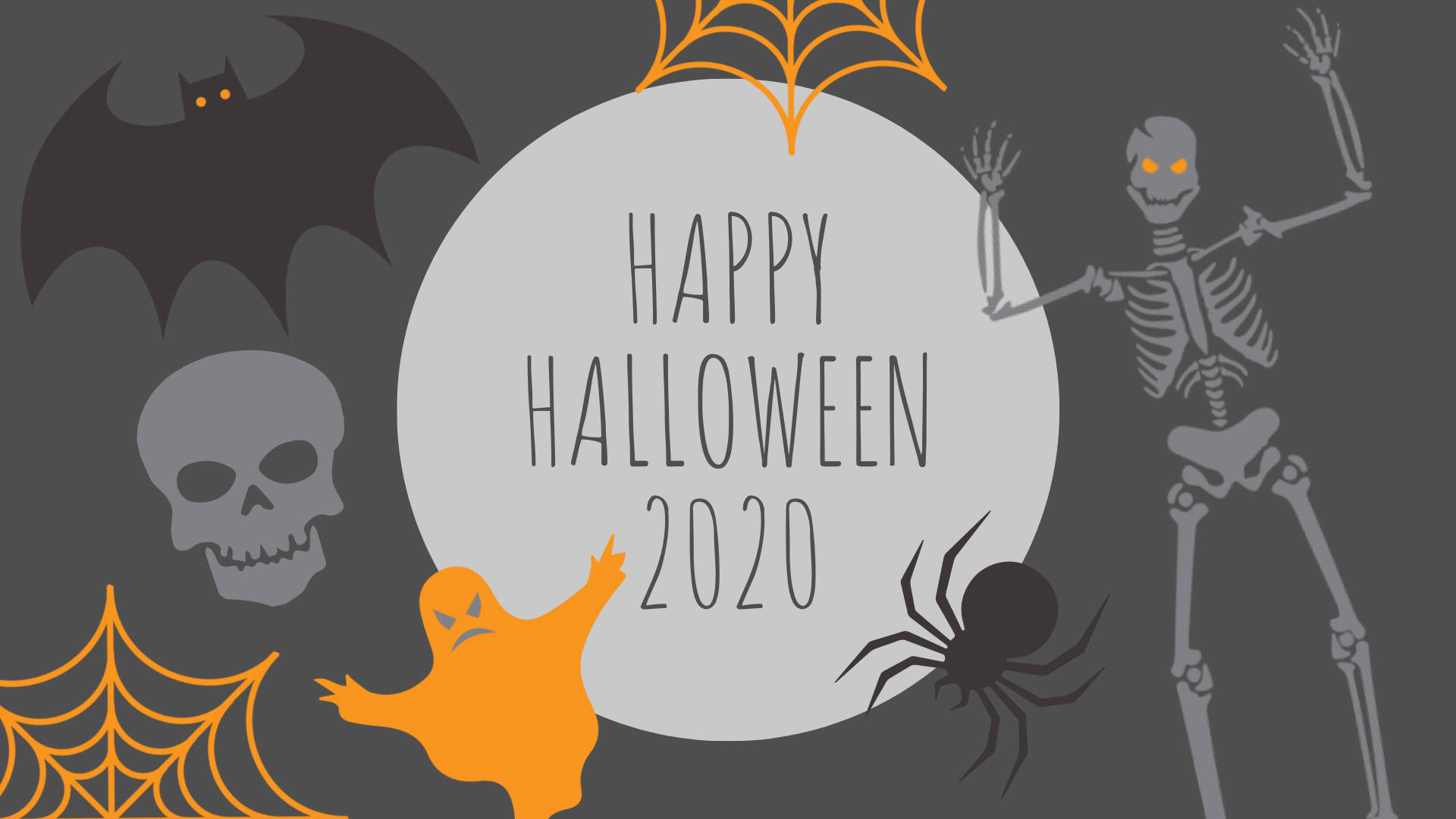 Happy Halloween 桌布 壁紙 — 一個節日氣氛的萬聖節桌布，有灰色月亮、橙色鬼魂、骷髏、蝙蝠、頭骨和蜘蛛，背景為深灰色。