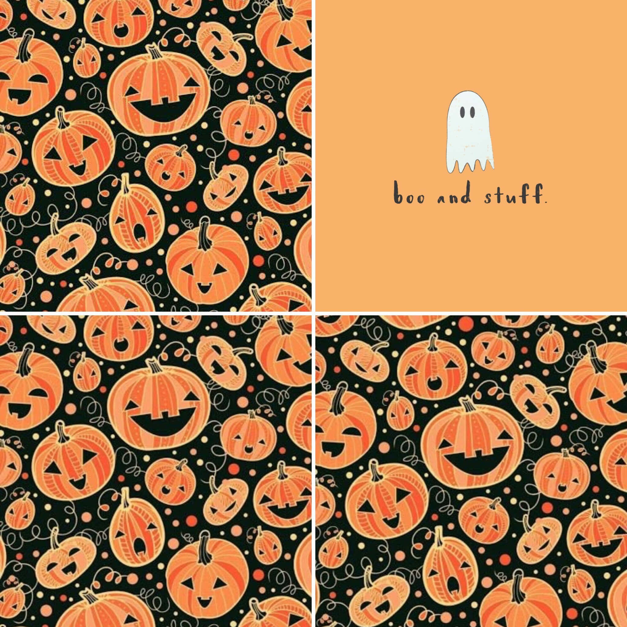 Boo And Stuff 桌布 壁紙 — 一個節日氣氛的萬聖節桌布拼貼，以黑色背景上歡樂的橙色南瓜燈、鬼魂和橙色文字為特色。
