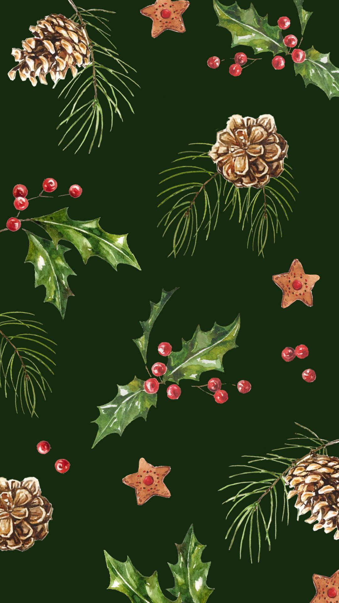 Green Christmas 桌布 壁紙 — 一個節日水彩圖案，包含松果、冬青漿果和薑餅星星，背景為深綠色。