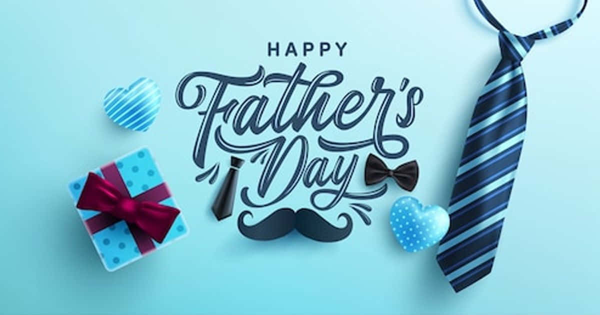 Fathers Day 桌布 壁紙 — 一個節日父親節問候，帶有禮物盒蝴蝶結、鬍子和條紋領帶，在柔和的藍色背景上。