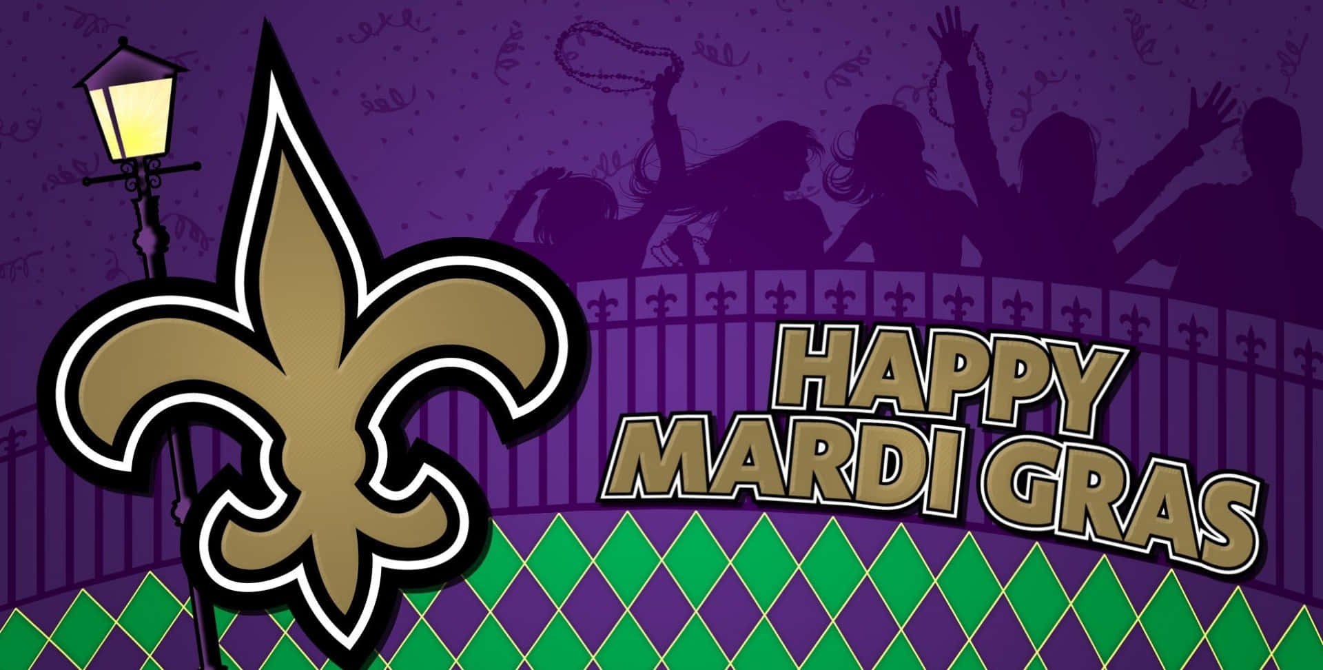 Mardi Gras 桌布 壁紙 — 一個節日狂歡節場景，帶有金色鳶尾花、剪影狂歡者和發光路燈，背景為紫色。