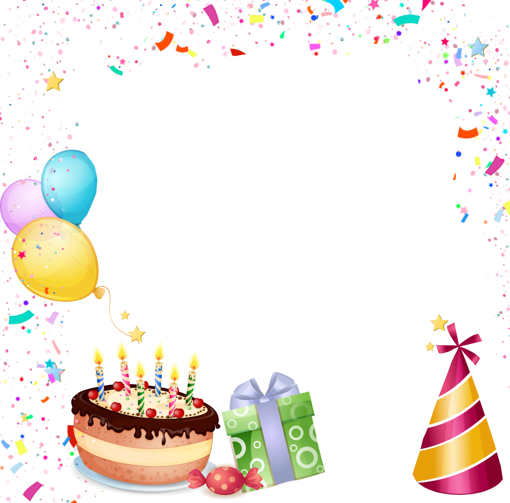 Party Hat 桌布 壁紙 — 一個節日生日場景，巧克力蛋糕、蠟燭、氣球、禮物和五彩紙屑環繞著黑色背景。