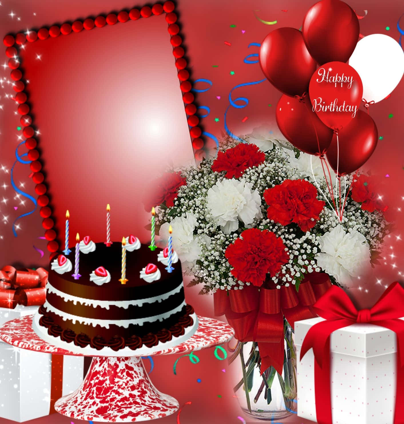 Birthday Message 桌布 壁紙 — 一個節日生日場景，有巧克力蛋糕、蠟燭、紅色氣球、鮮花和禮物，背景是閃爍的紅色。