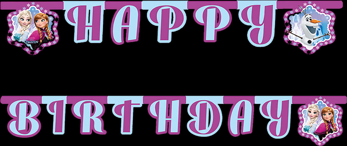 Happy Birthday Text 桌布 壁紙 — 一個節日生日橫幅，以冰雪奇緣中的艾莎和安娜為特色，紫色和淺藍色字體在黑色背景上。