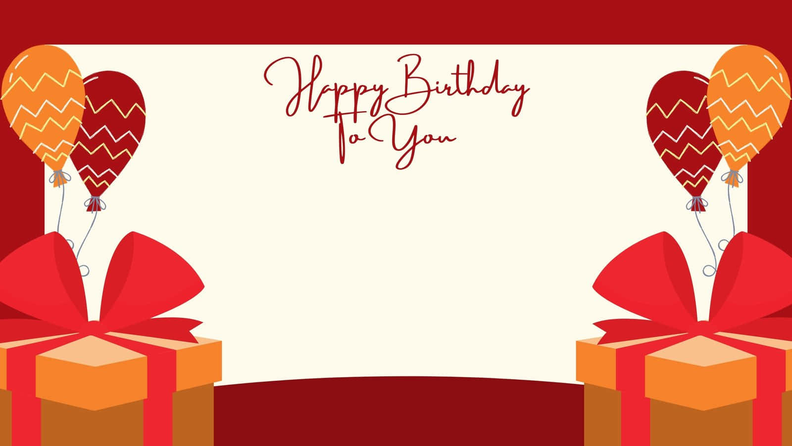 Greetings 桌布 壁紙 — 一個節日生日祝福，紅色和橙色氣球和禮物盒圍繞著奶油色中心。