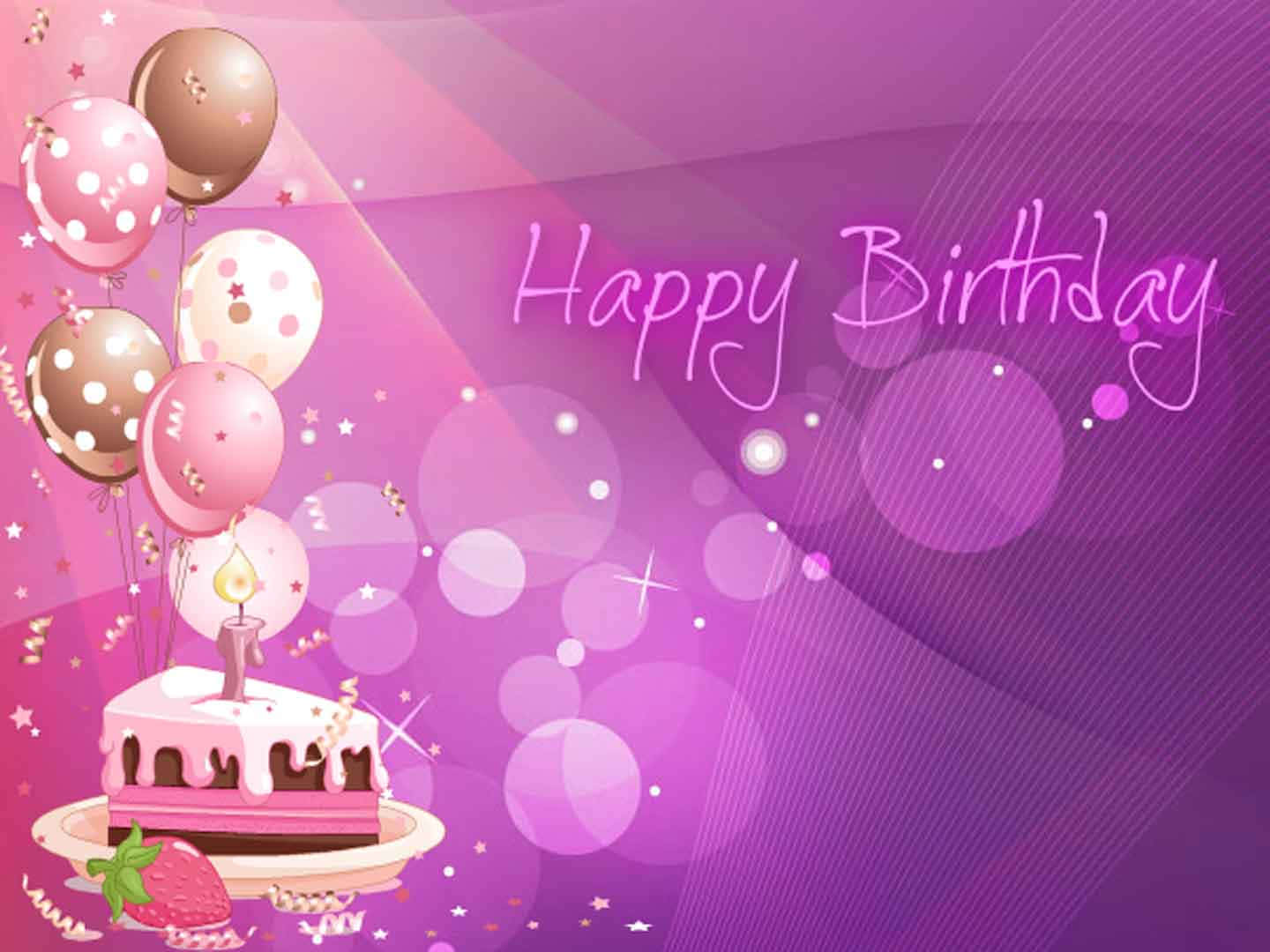 生日快樂 桌布 壁紙 — 一個節日生日蛋糕，上面有一根蠟燭和氣球，漂浮在閃爍的紫色背景上，帶有'Happy Birthday'文字。