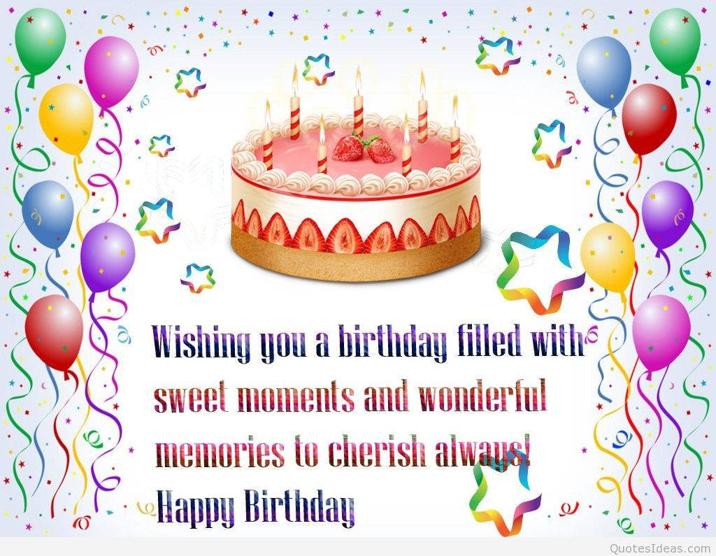 Birthday 桌布 壁紙 — 一個節日生日蛋糕，上面有燃燒的蠟燭和草莓，周圍環繞著彩色氣球和五彩紙屑。