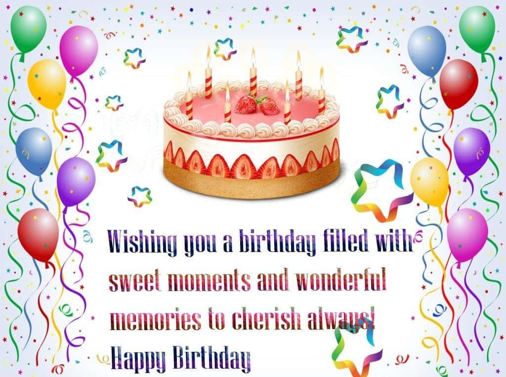 Birthday Wishes 桌布 壁紙 — 一個節日生日蛋糕，上面有燃燒的蠟燭和草莓，周圍環繞著彩色氣球和五彩紙屑。