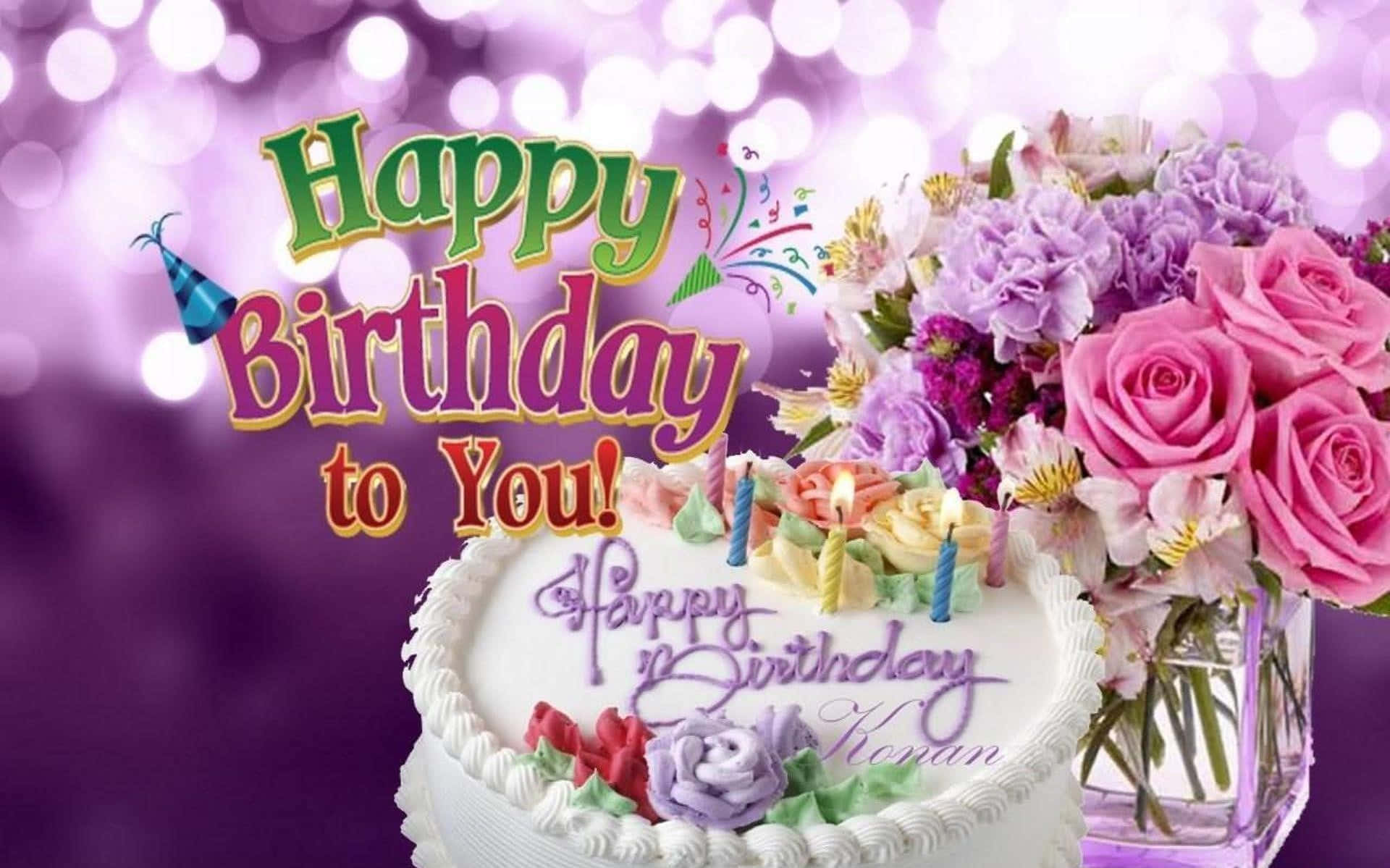 Birthday 桌布 壁紙 — 一個節日生日蛋糕，上面有蠟燭和花朵，旁邊是一束鮮豔的花束，背景是閃爍的紫色散景。