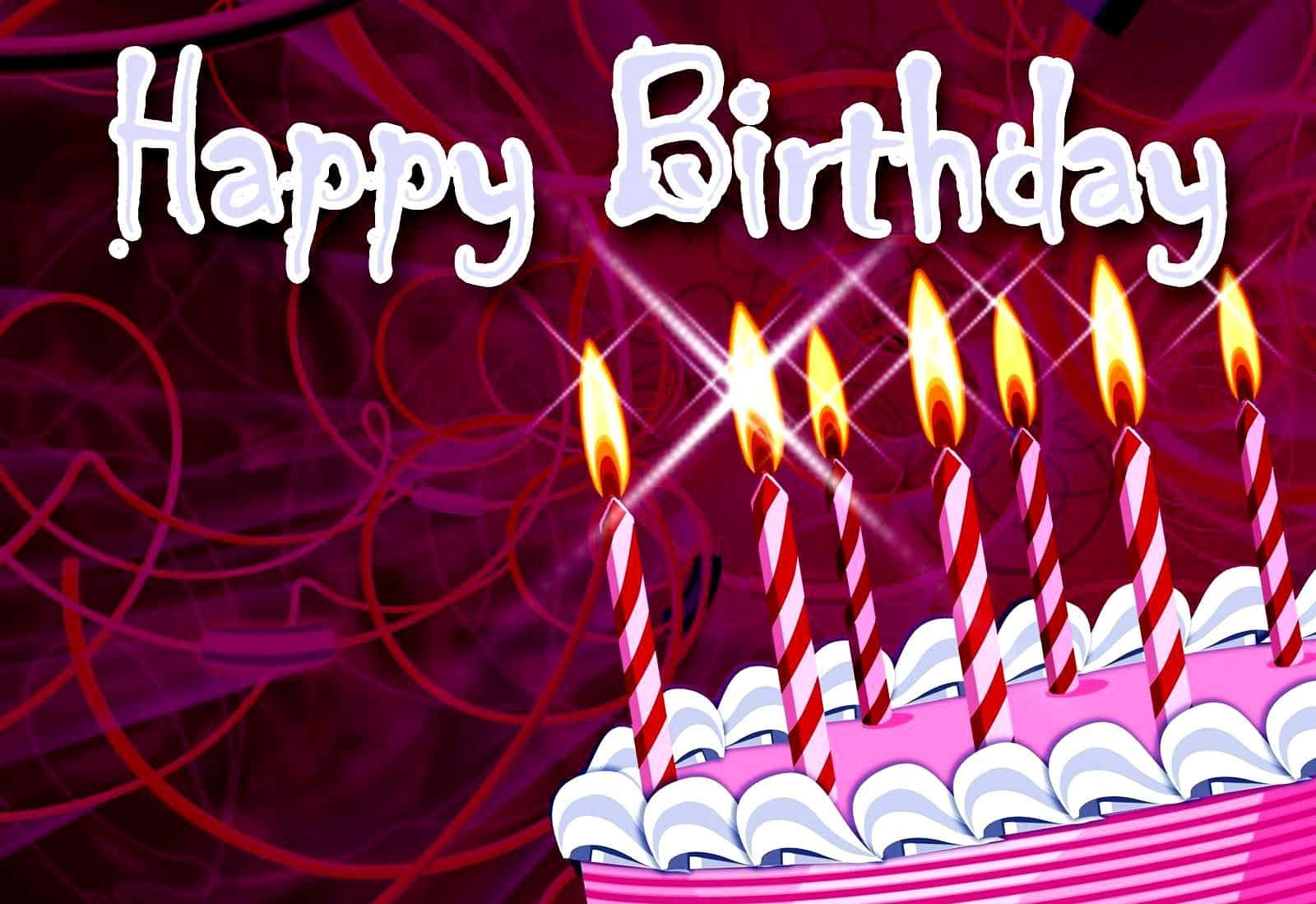Birthday 桌布 壁紙 — 一個節日生日蛋糕，帶有紅色和白色條紋的蠟燭，在旋轉的紫色背景下閃閃發光。