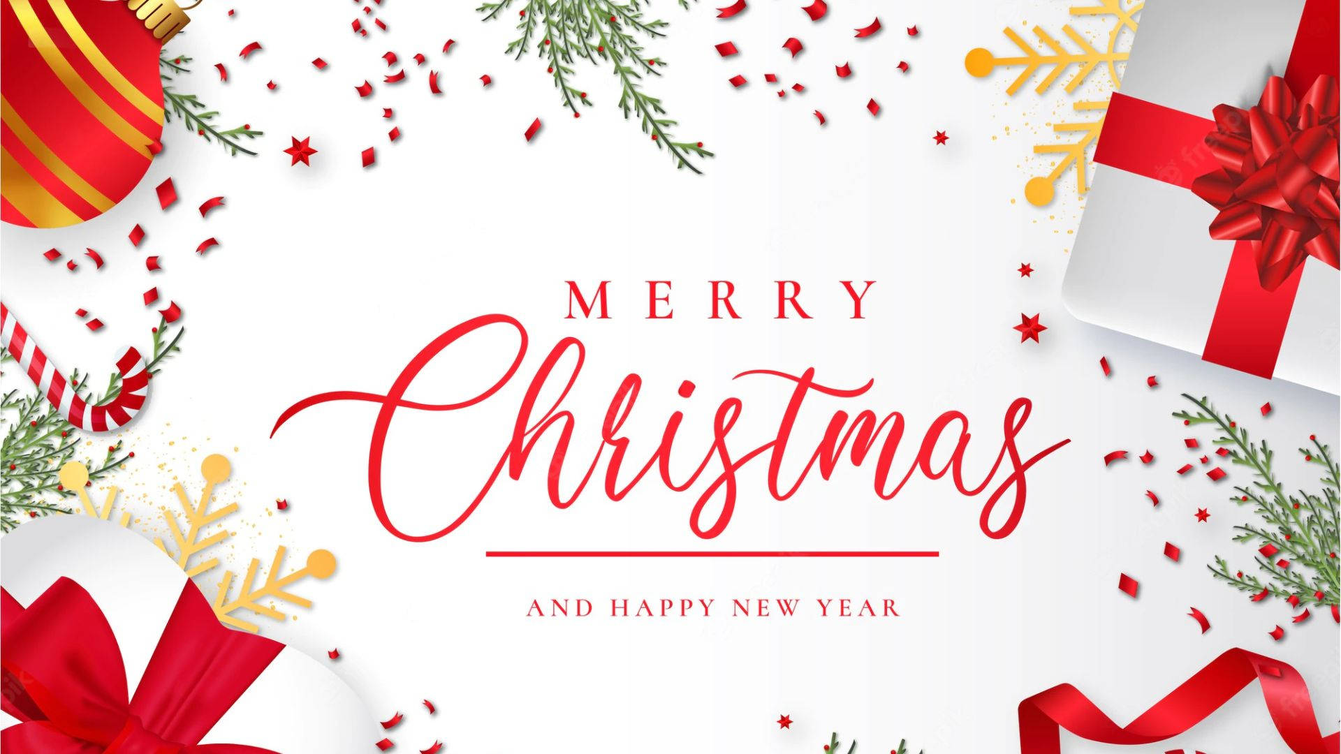 Kawaii Christmas 桌布 壁紙 — 一個節日白色背景，裝飾著紅色、金色和綠色的聖誕裝飾品、絲帶和松枝，圍繞著優雅的草書文字。