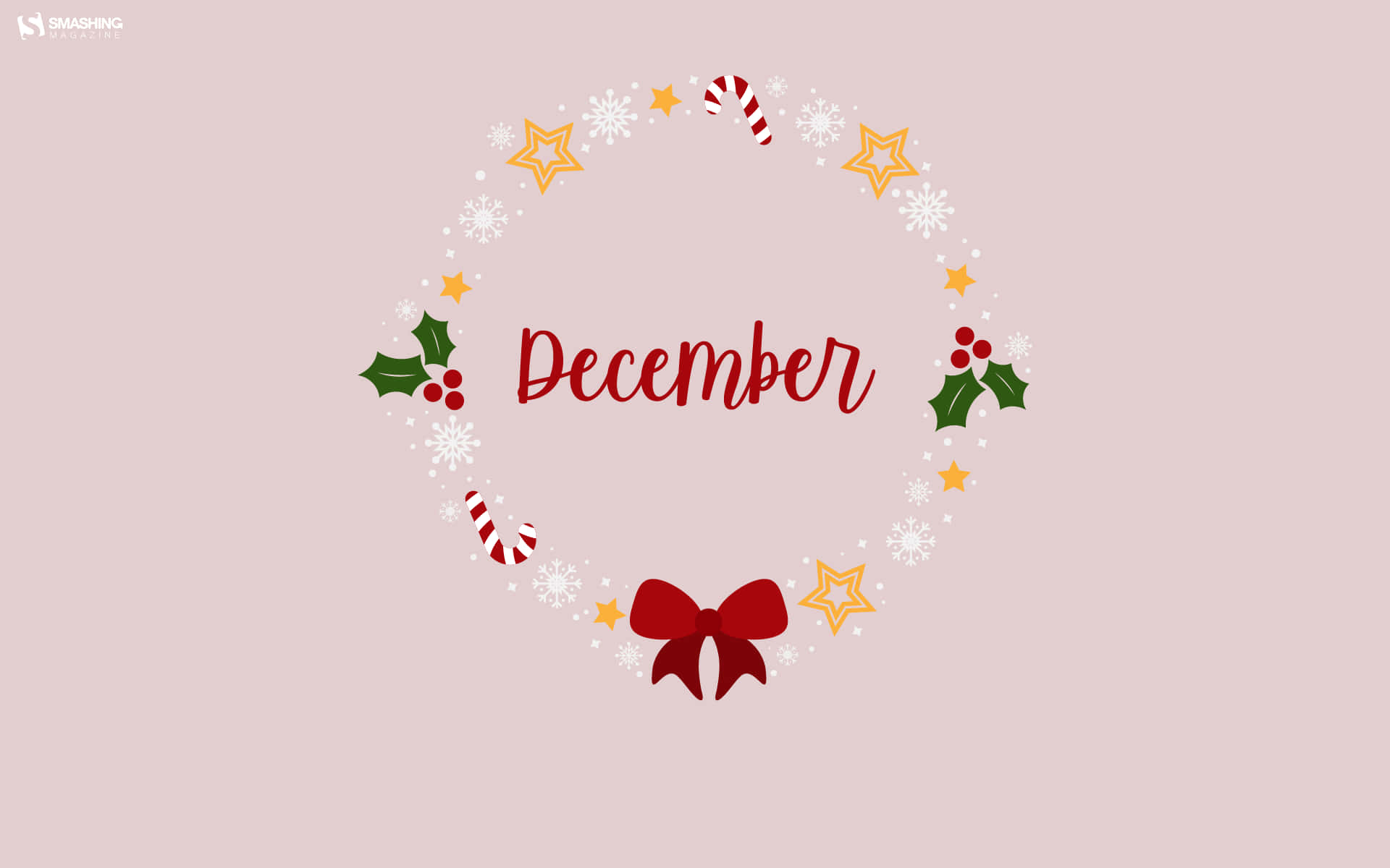Cute December 桌布 壁紙 — 一個節日的十二月花環，飾有冬青漿果、拐杖糖和星星，在柔和的粉紅色背景上框住「December」這個詞。