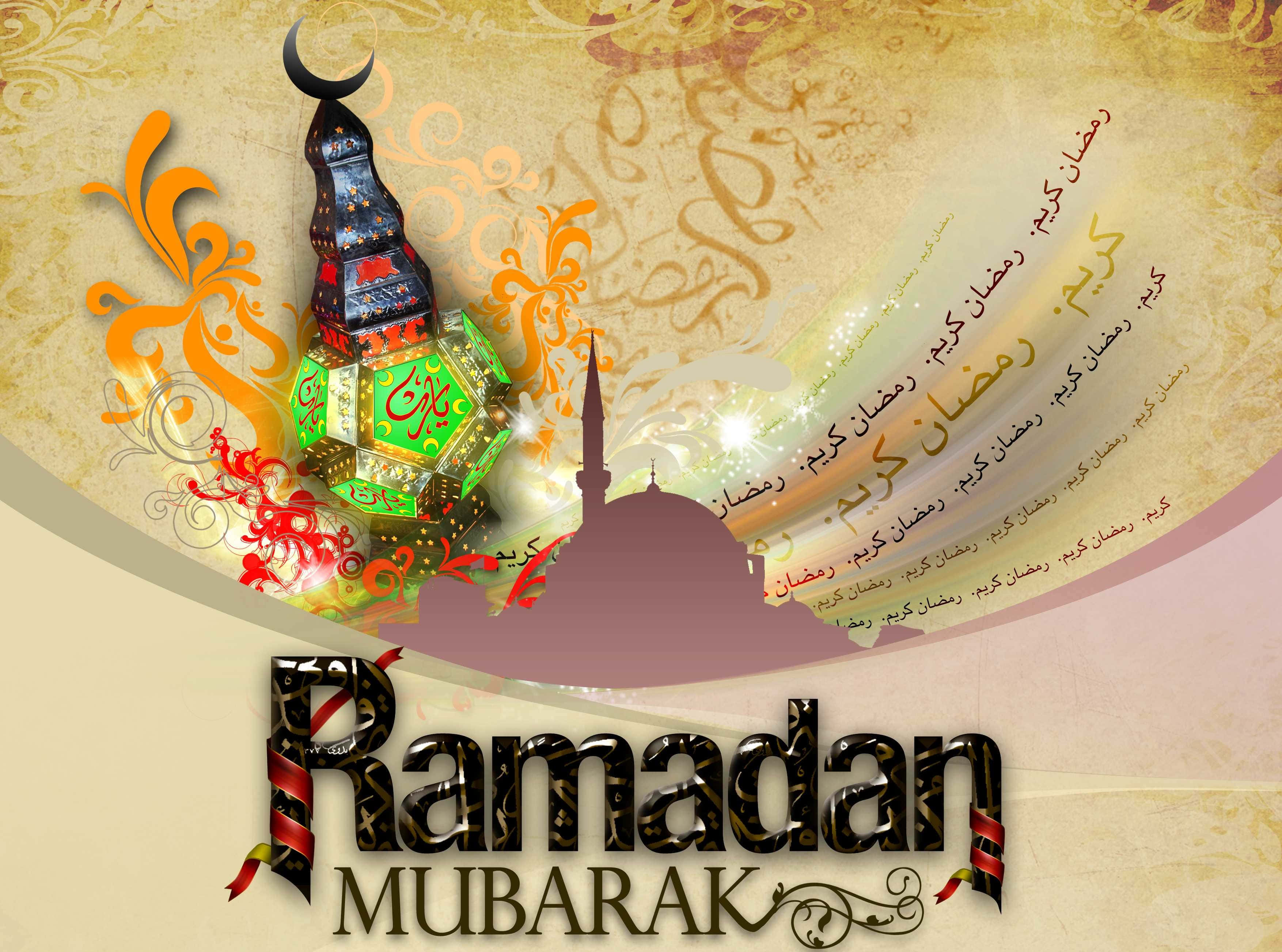 Ramadan 桌布 壁紙 — 一個節日的齋戒月祝福，包含發光的燈籠、清真寺剪影和阿拉伯書法，背景為溫暖的紋理。