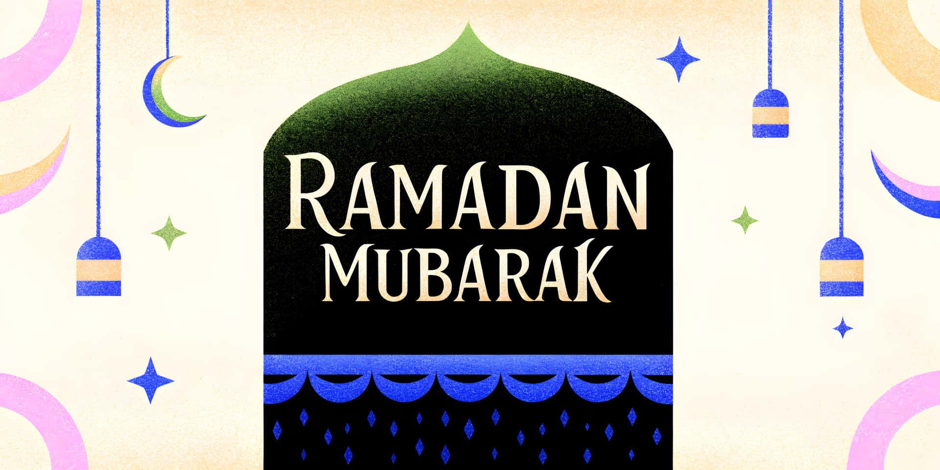 Ramadan Mubarak Picture 壁紙 — 一個節日的齋月祝福，帶有綠色圓頂、懸掛燈籠、新月和星星，背景為奶油色。
