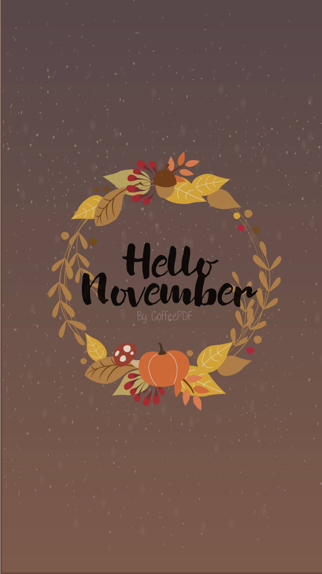Screensavers 桌布 壁紙 — 一個節日秋季花環，以南瓜葉和漿果圍繞著文字 'Hello November'，背景是飄雪。