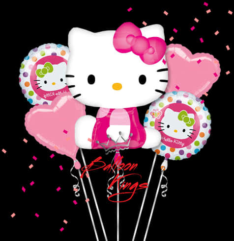Hello Kitty Birthday 桌布 壁紙 — 一個節日簇擁的Hello Kitty氣球，粉紅色和白色，帶有五彩紙屑，背景為黑色。