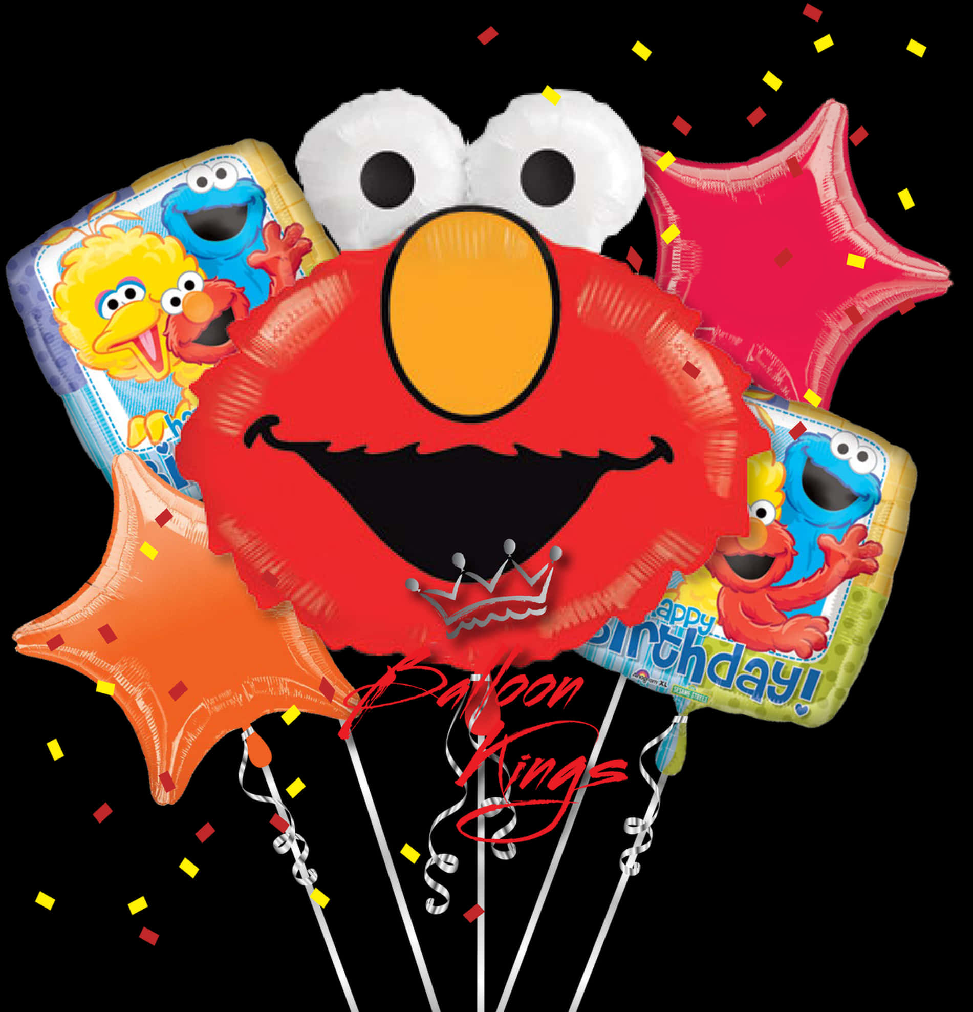 Elmo 桌布 壁紙 — 一個節日簇擁的芝麻街氣球，包括艾蒙、大鳥和餅乾怪獸，帶有五彩紙屑，背景為黑色。