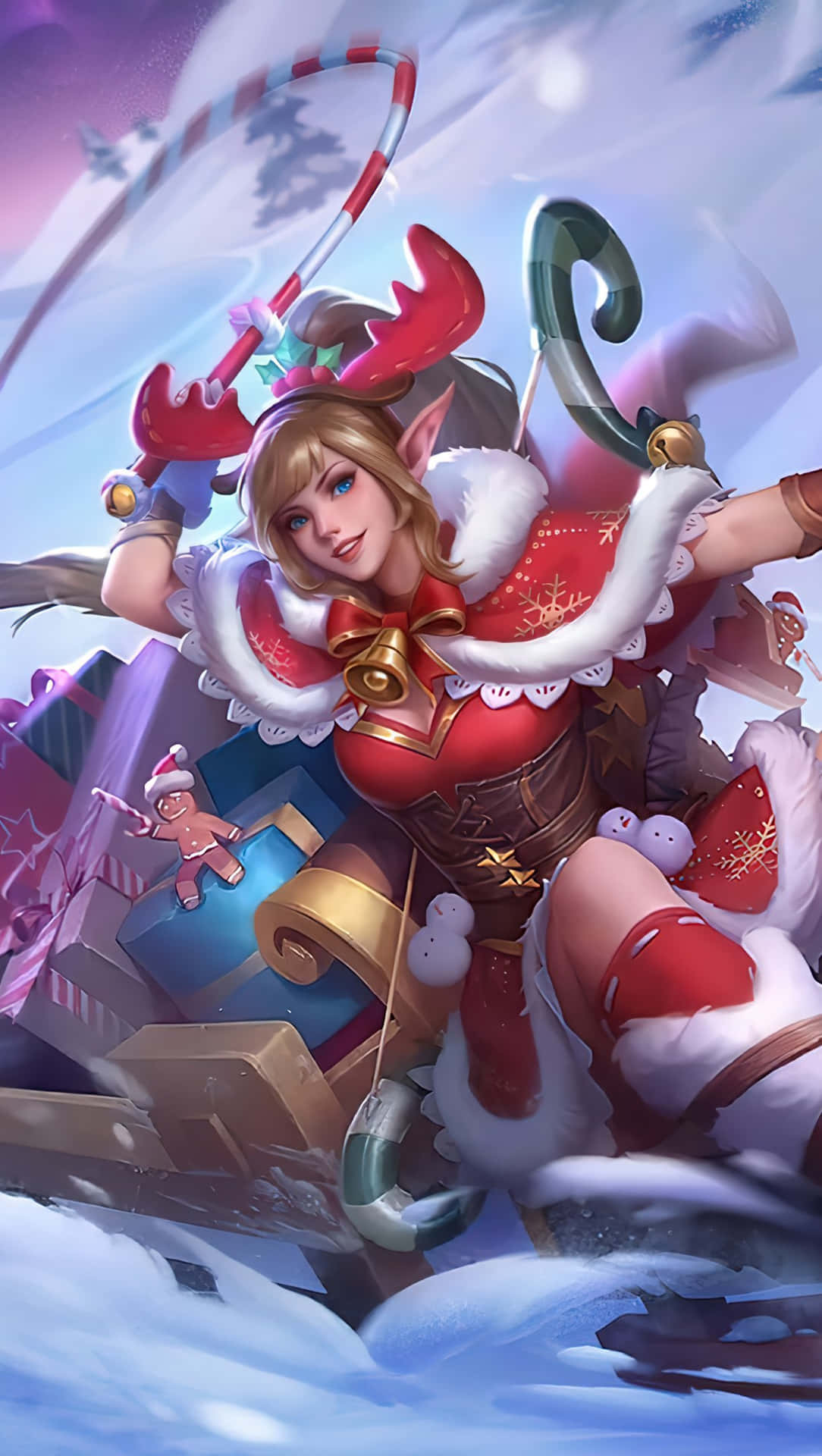 Mobile Legends 動態圖 桌布 壁紙 — 一個節日精靈，頭戴馴鹿角，手持拐杖糖，乘著雪橇在雪夜天空中穿梭，周圍是節日禮物。