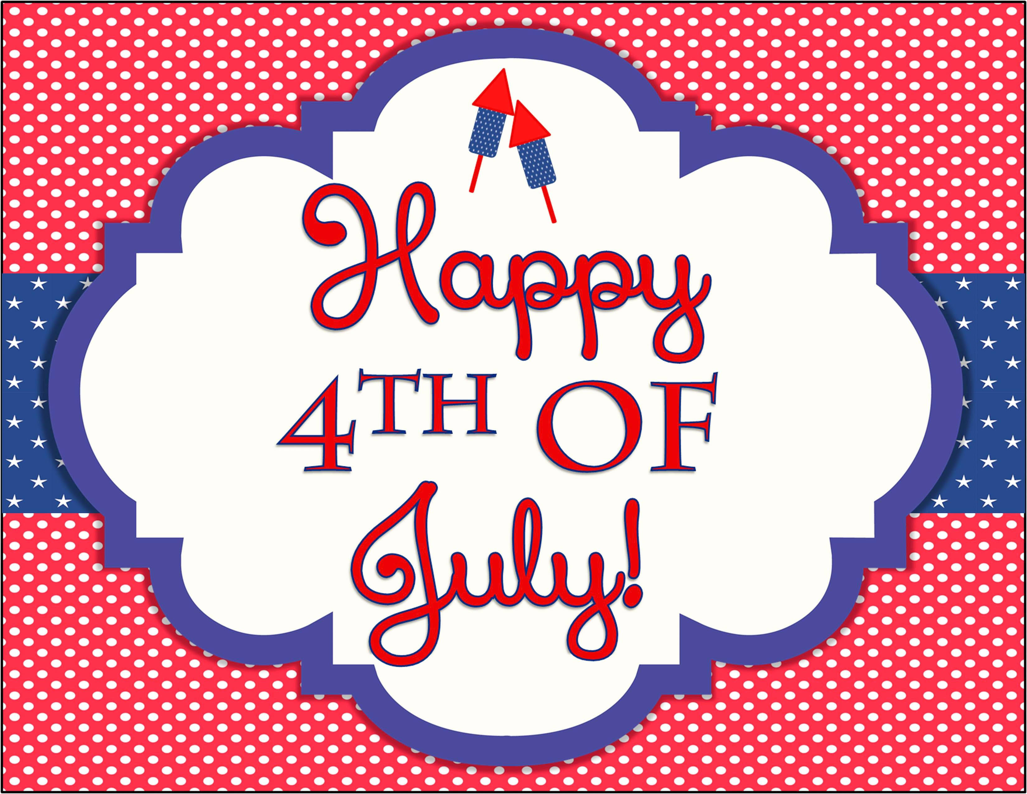 七月 桌布 壁紙 — 一個節日紅白藍圖案，帶有「Happy 4th of July」文字和煙火圖標，背景為圓點。
