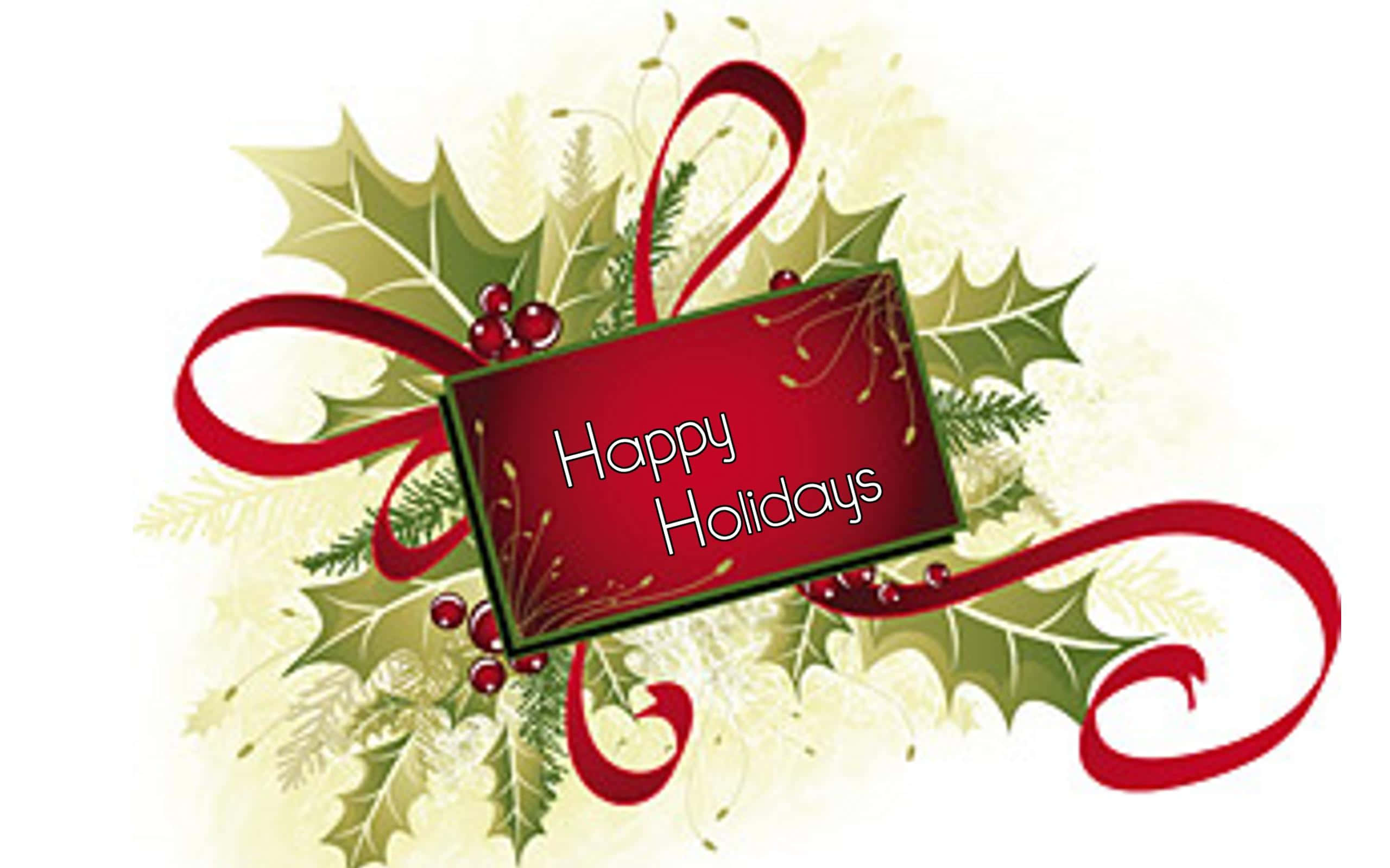 桌布 壁紙 — 一個節日紅色禮物標籤，上面有「Happy Holidays」字樣，裝飾著冬青葉、漿果和旋轉絲帶，背景是柔和的奶油色。