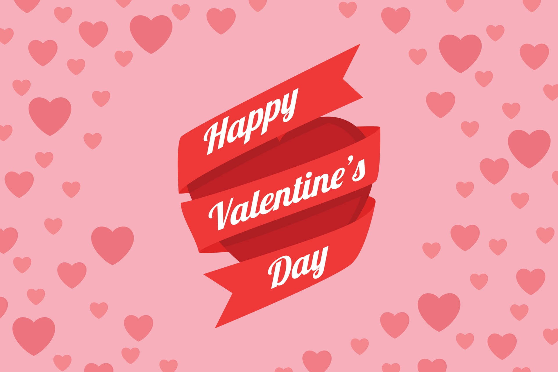 情人節 桌布 壁紙 — 一個節日紅色絲帶橫幅，上面有「Happy Valentine's Day」文字，漂浮在散落的粉紅心形圖案之間，背景是柔和的粉紅色。