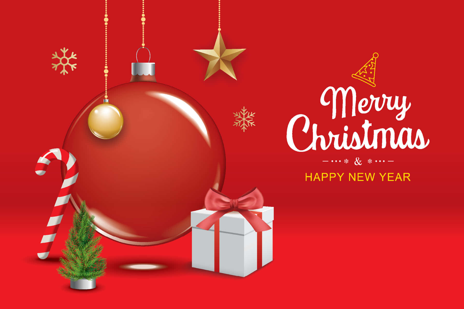 Christmas Invitation 桌布 壁紙 — 一個節日紅色背景，上面有一個巨大的裝飾品、拐杖糖、小樹、禮物盒和金色星星，並帶有Merry Christmas文字。