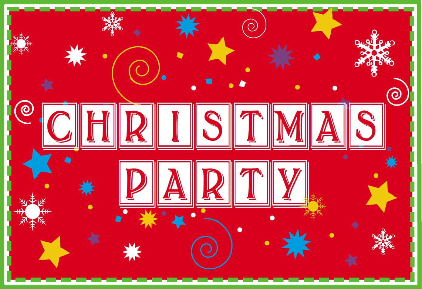 Christmas Party 桌布 壁紙 — 一個節日紅色背景，帶有白色雪花、黃色星星和藍色星星，環繞著粗體紅色文字 CHRISTMAS PARTY。