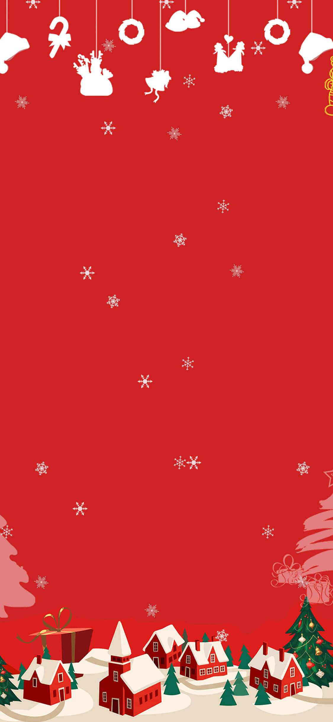 Red Christmas iPhone 桌布 壁紙 — 一個節日紅色背景，帶有白色雪花和懸掛裝飾，框住了一個有紅色房屋和裝飾樹的雪村。