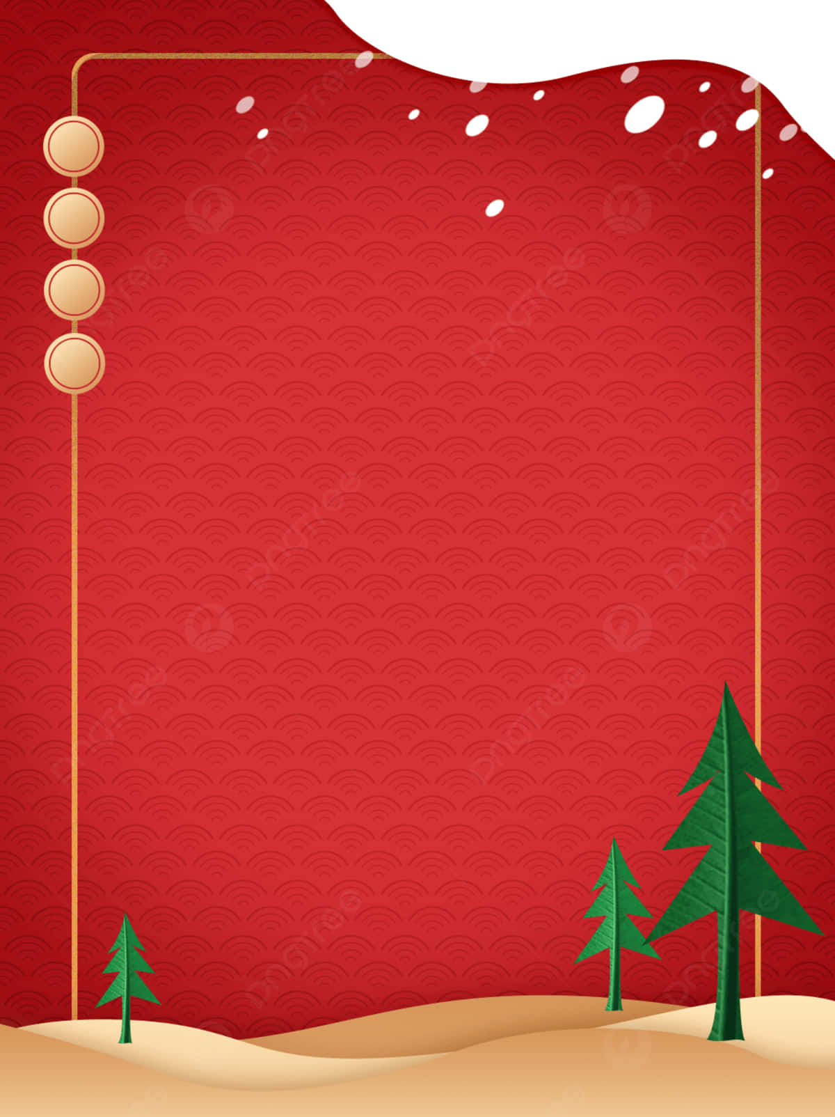 Christmas Invitation 桌布 壁紙 — 一個節日紅色背景，帶有金色邊框和松樹，雪花飄落。