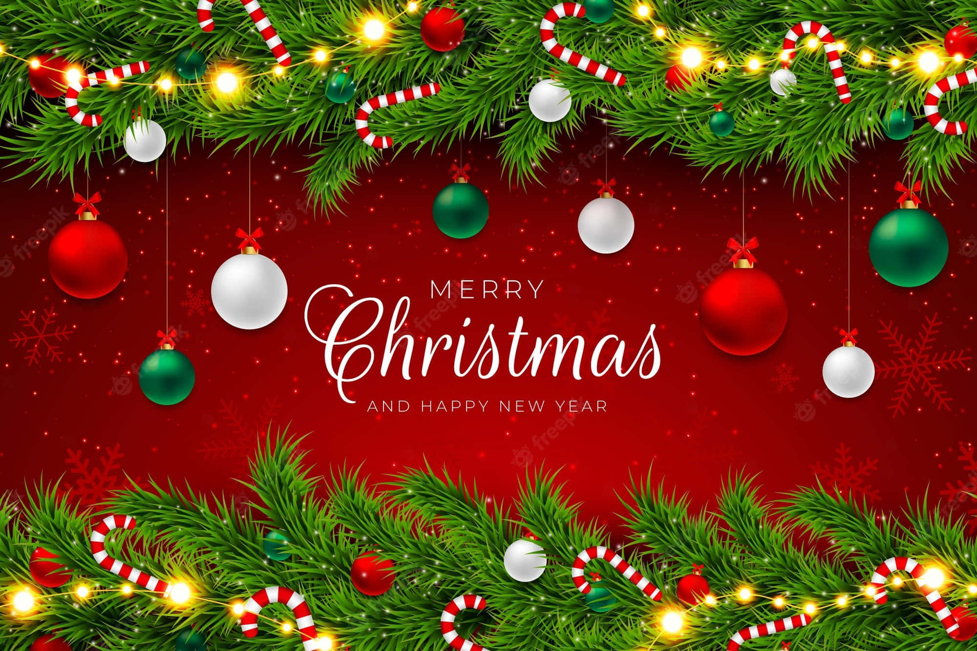 Cute Simple Christmas 桌布 壁紙 — 一個節日紅色背景，裝飾著綠色松樹花環、拐杖糖和掛飾，帶有發光的燈光和雪花圖案。