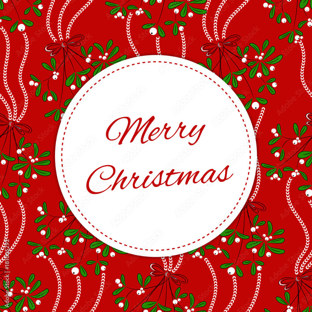 Christmas Card 桌布 壁紙 — 一個節日紅色背景，飾有綠色槲寄生和白色漿果，圍繞一個白色圓圈，內有紅色草書Merry Christmas文字。