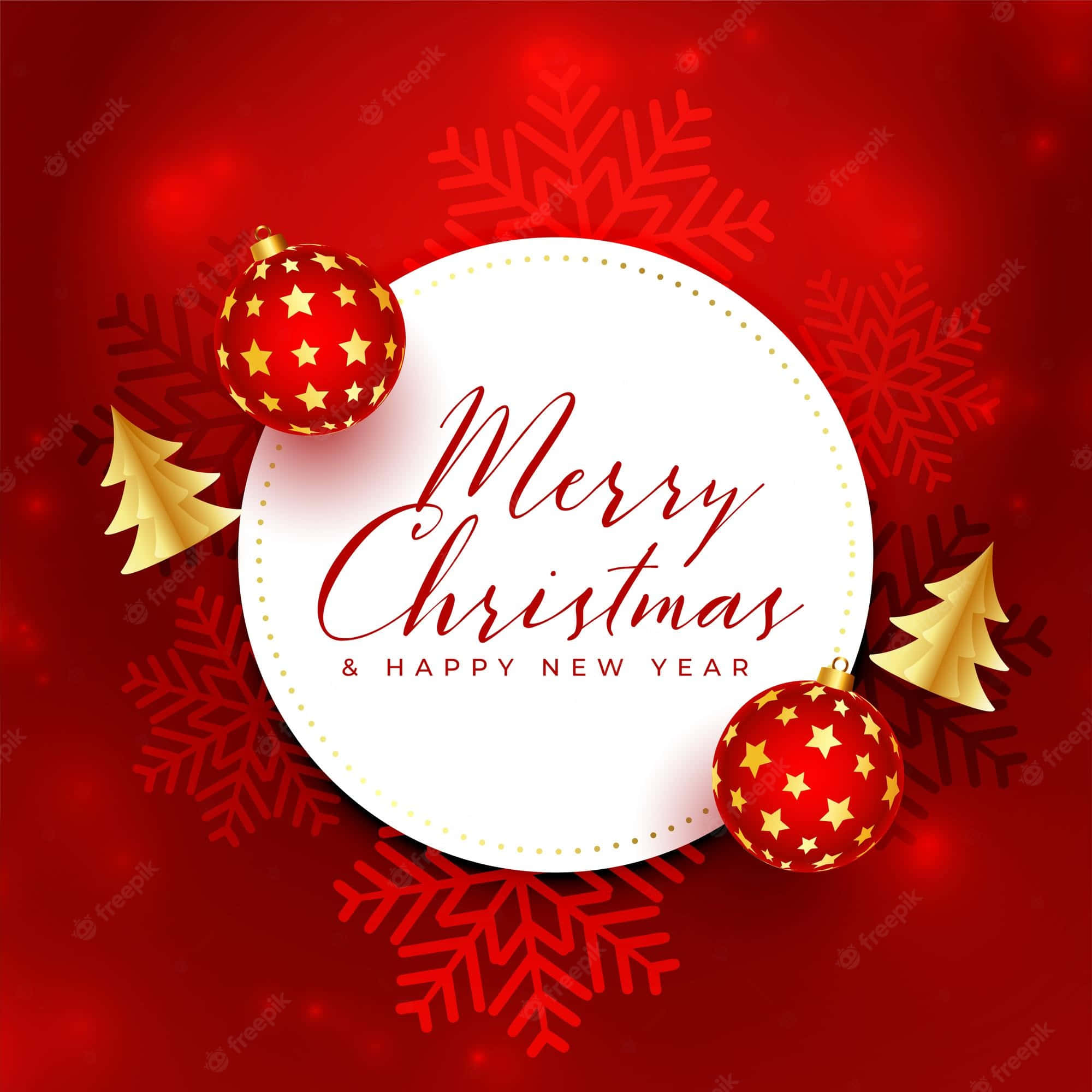 Christmas Invitation 桌布 壁紙 — 一個節日紅色背景，飾有金色星星、裝飾品和雪花，圍繞著一個白色圓圈，內有優雅草書的Merry Christmas文字。