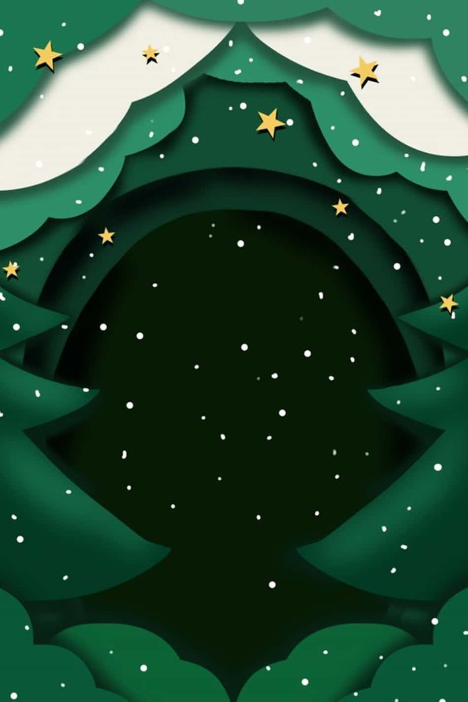 Dark Christmas 桌布 壁紙 — 一個節日紙藝剪紙聖誕樹框架，飾有金色星星和雪花，露出內裡的星空夜空。