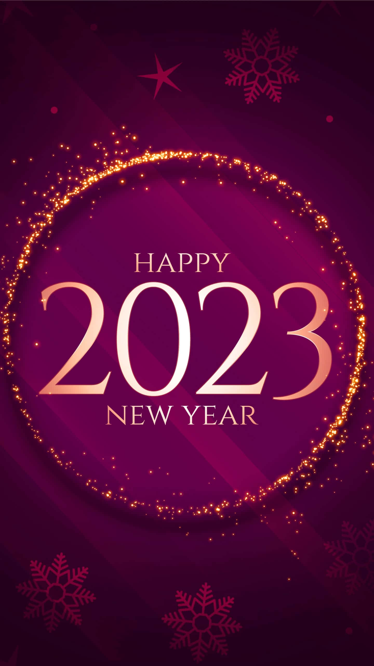 節日 桌布 壁紙 — 一個節日紫色2023新年祝福，金色閃光和雪花圍繞著優雅的文字。