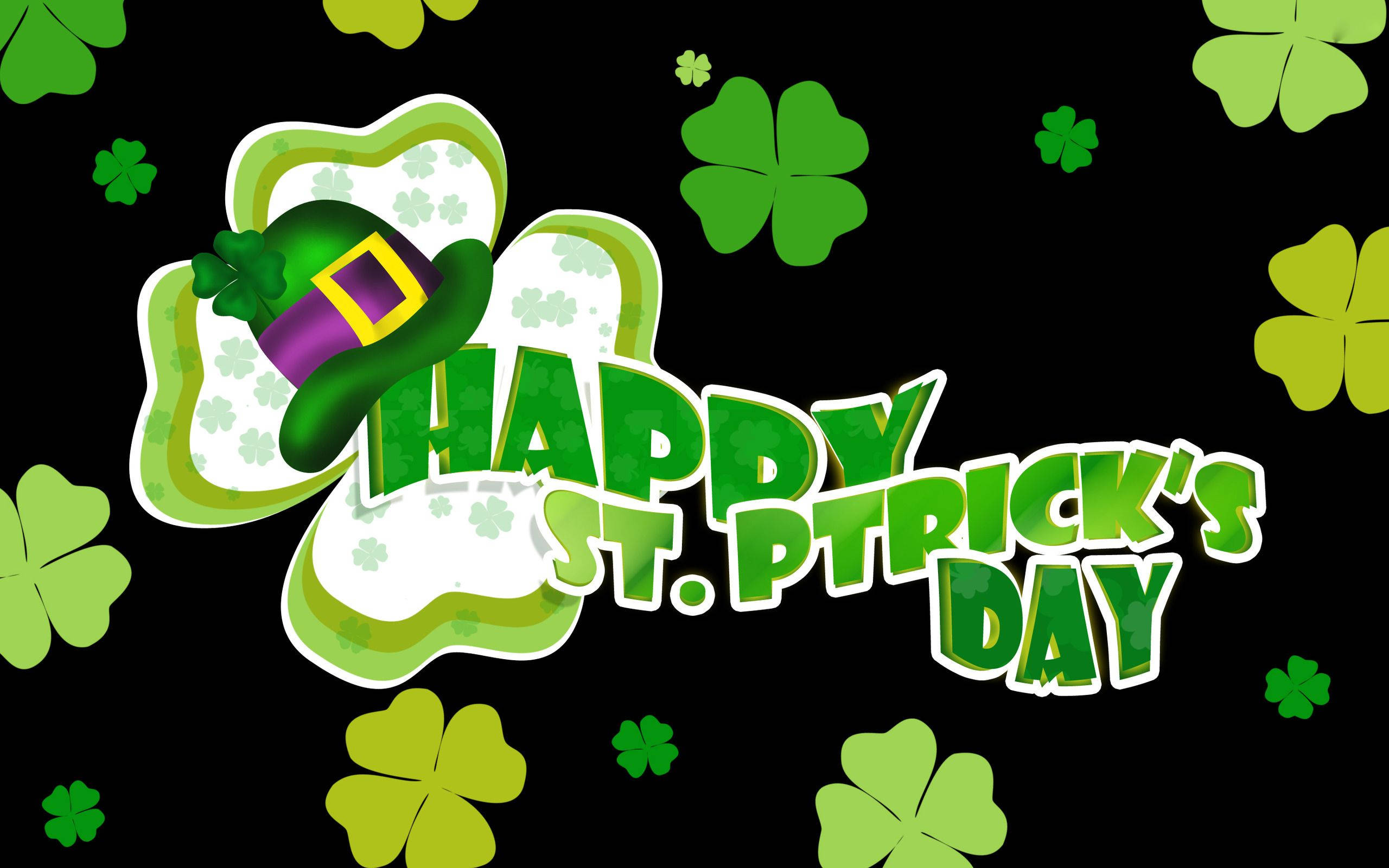 St Patrick's Day 桌布 壁紙 — 一個節日綠色三葉草，帶有小妖精帽子和粗體文字，在黑色背景上宣告聖派翠克節快樂。