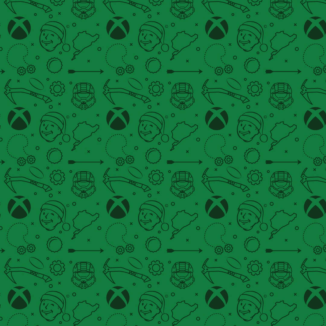 Xbox 桌布 壁紙 — 一個節日綠色圖案，重複出現深綠色輪廓的Xbox標誌、Vault Boy面孔和Halo頭盔。