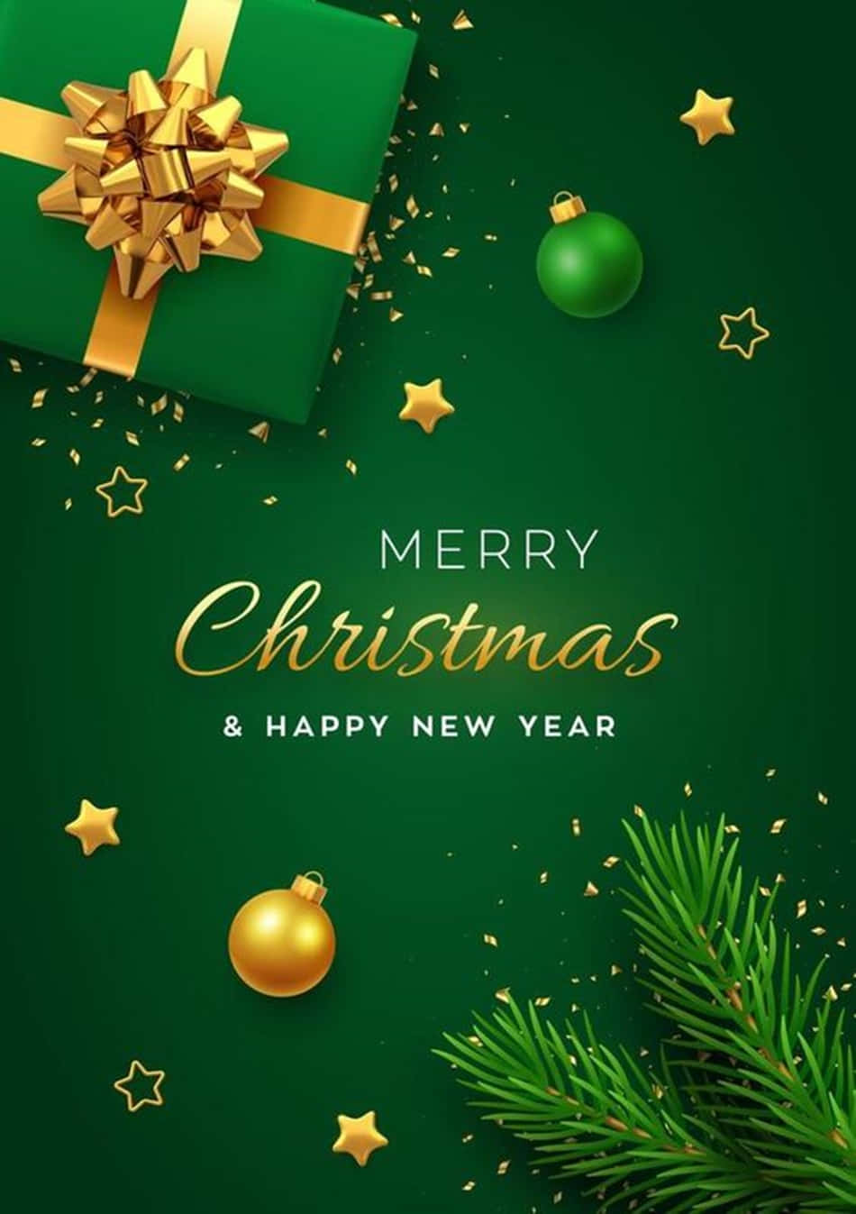 Dark Green Christmas 桌布 壁紙 — 一個節日綠色背景，飾有金色星星裝飾和一個帶蝴蝶結的禮物盒，適合聖誕節和新年。