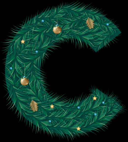 Christmas Decor 桌布 壁紙 — 一個節日綠色花環，形狀像字母C，飾有金色裝飾和藍色星星，背景為黑色。