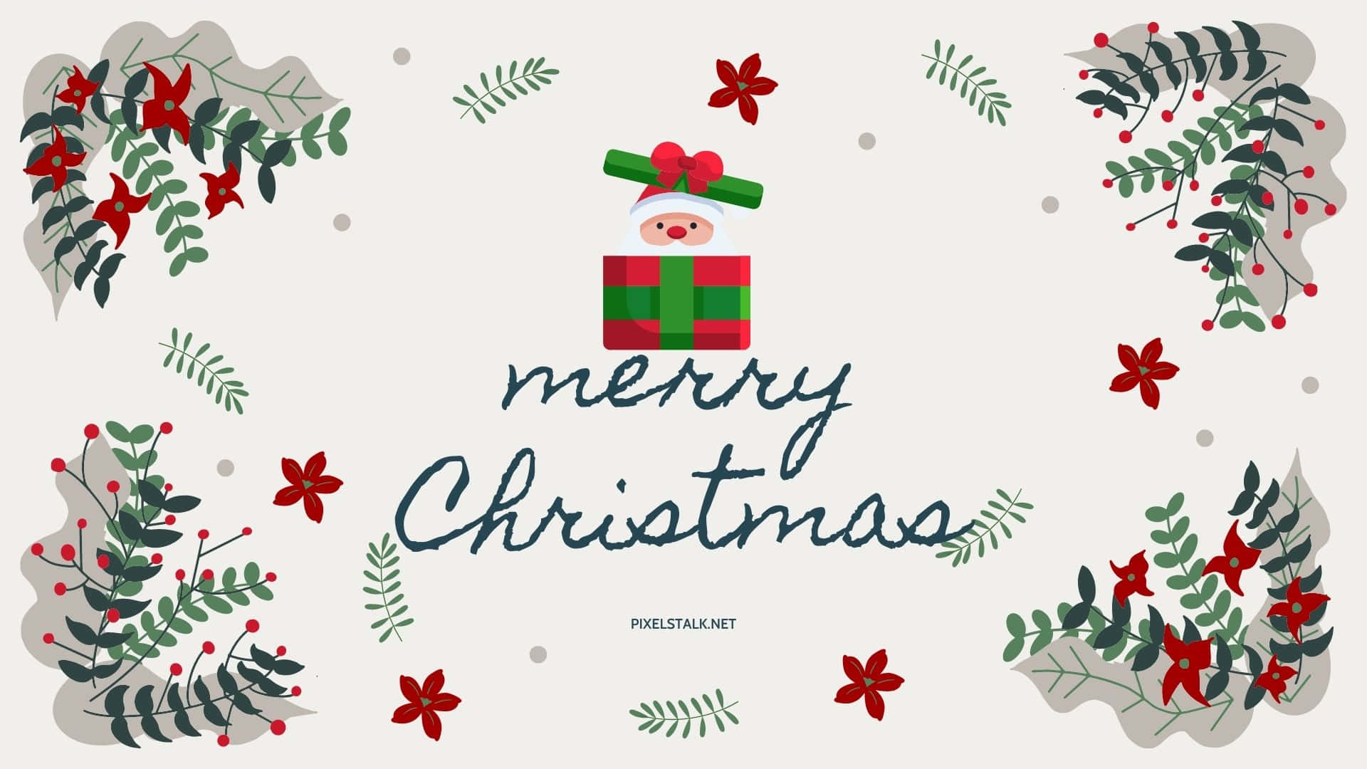 Cute Simple Christmas 桌布 壁紙 — 一個節日聖誕問候，微笑的雪人從禮物盒中探出頭來，周圍環繞著冬青和紅花，背景淺色。