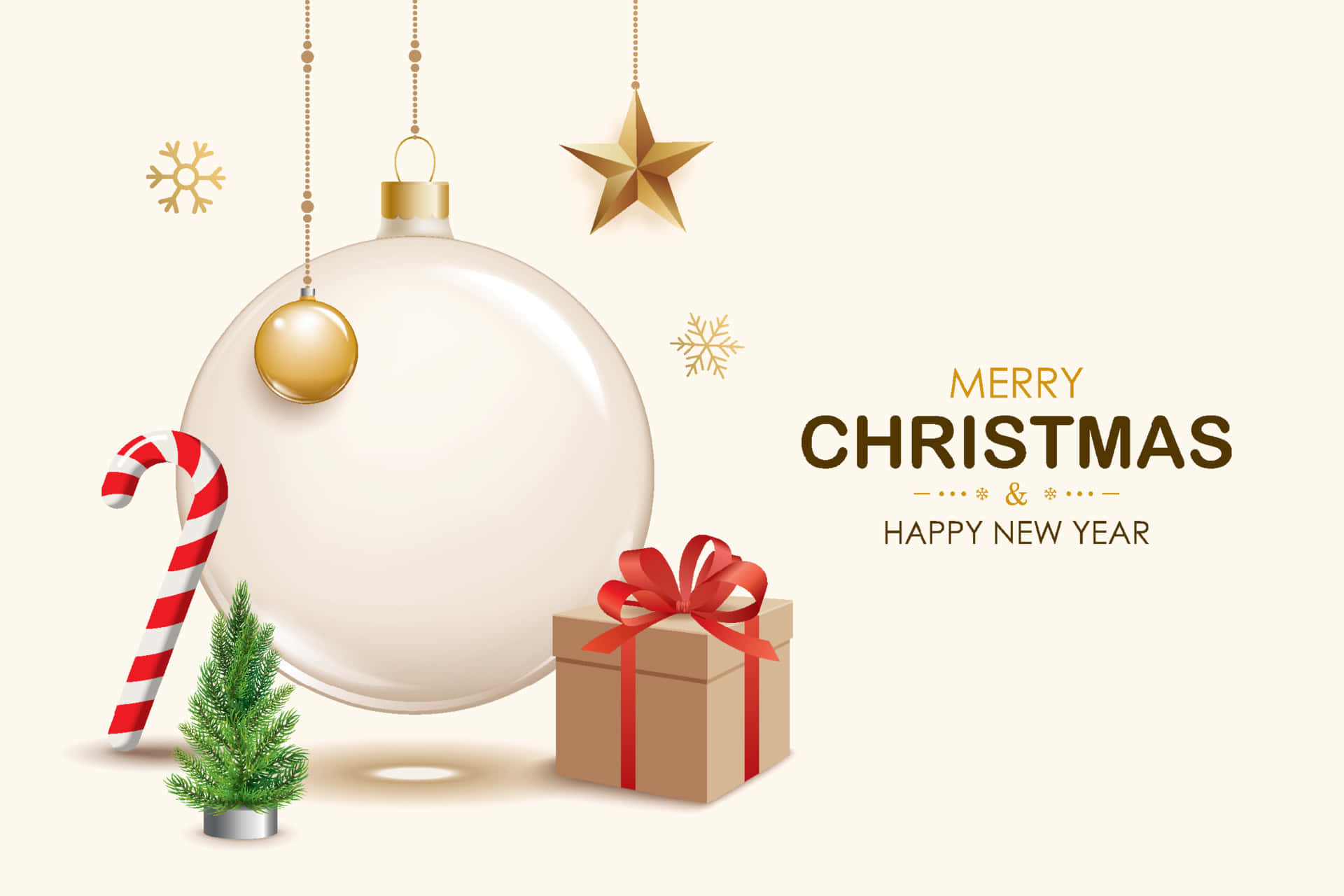 Christmas Invitation 桌布 壁紙 — 一個節日聖誕場景，包含一個大的白色裝飾品、拐杖糖、小樹、禮物盒和金色星星，背景為奶油色。