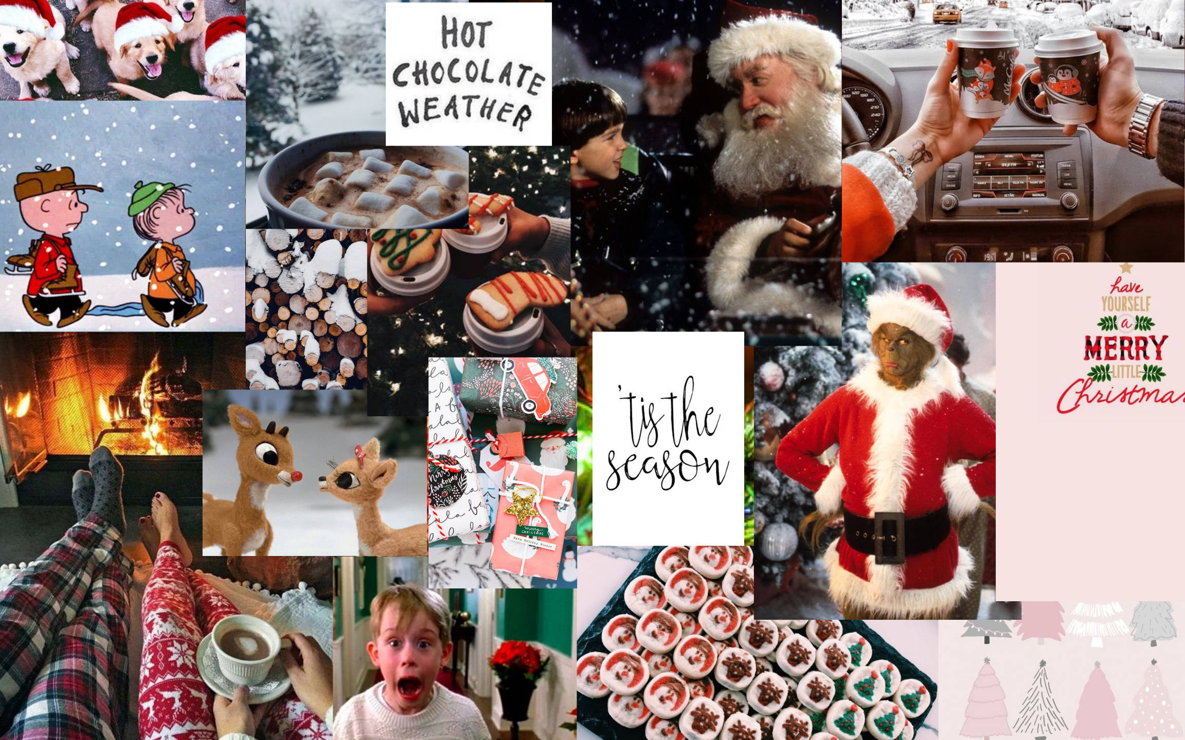 Santa Claus 桌布 壁紙 — 一個節日聖誕場景拼貼，包括聖誕老人、熱巧克力、馴鹿、舒適的壁爐和節日美食。