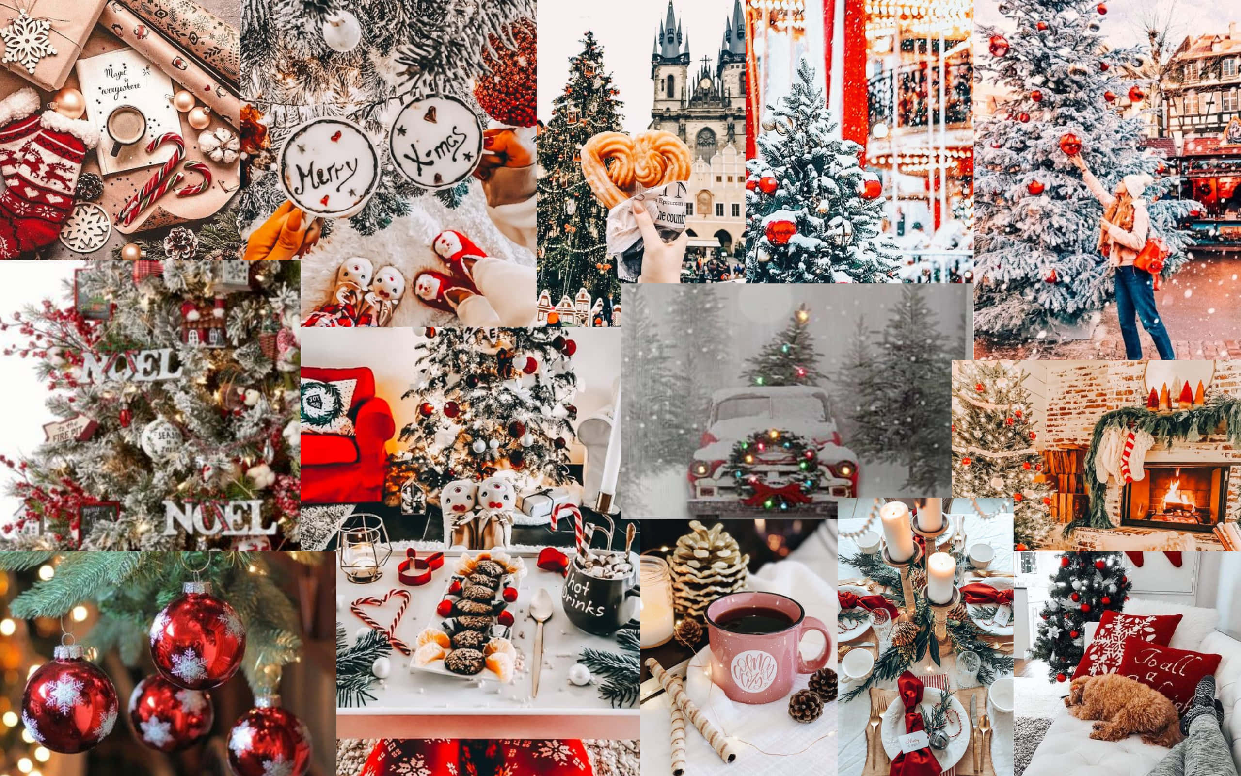 Christmas Mac Aesthetic 桌布 壁紙 — 一個節日聖誕場景拼貼，包括裝飾樹木、舒適的室內環境、雪花和溫暖紅綠色的節日美食。