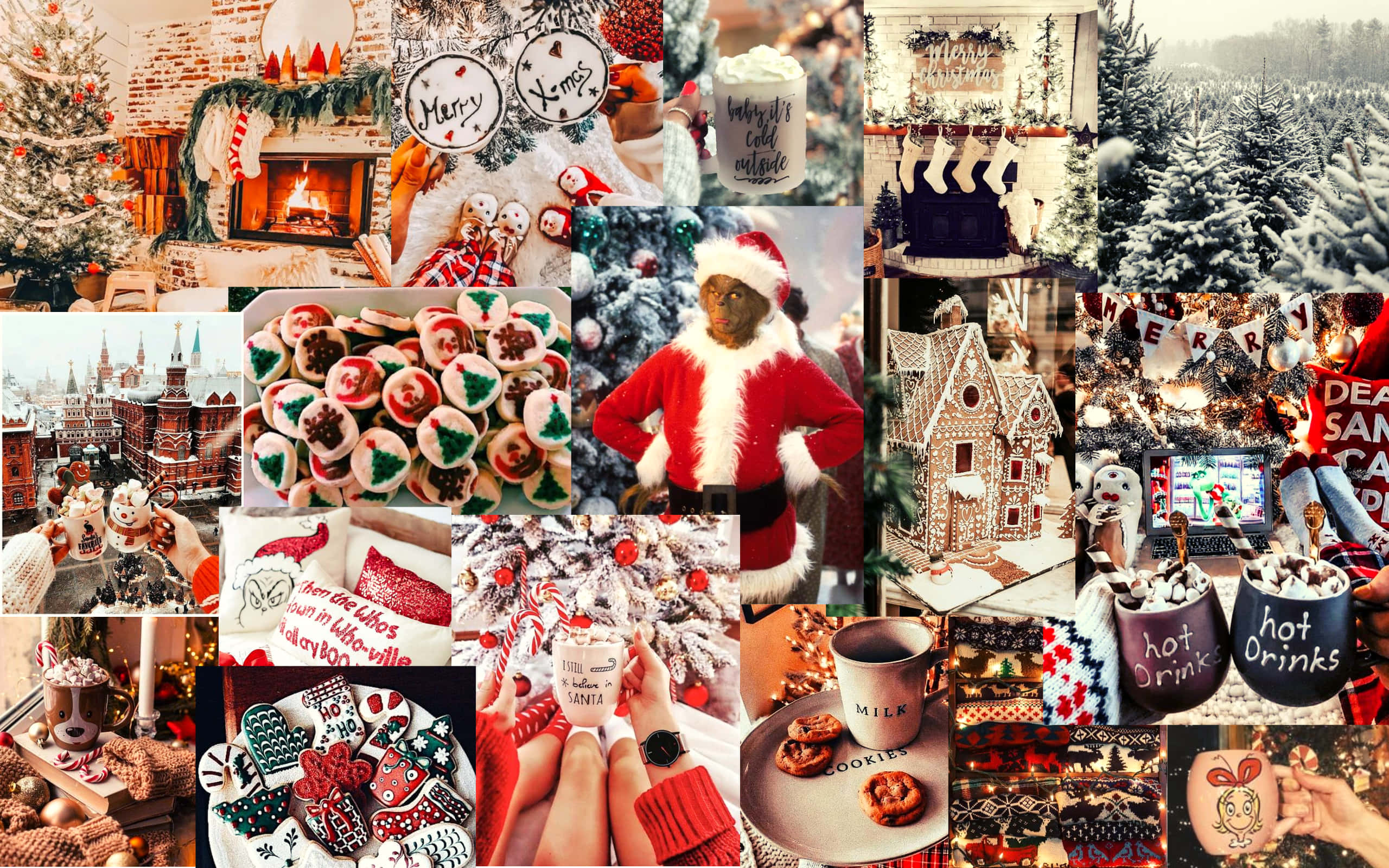 Winter Aesthetic Collage 桌布 壁紙 — 一個節日聖誕場景拼貼，包括裝飾樹、舒適毛衣、薑餅屋和溫暖節日燈光下的熱飲。